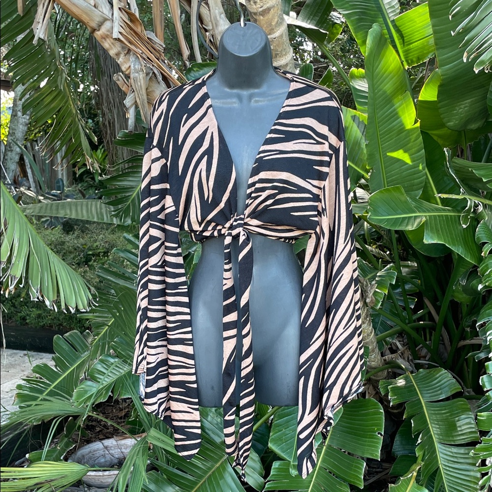 Zebra print wide, kimono bell , sleeves, bohemian crop tie front blouse